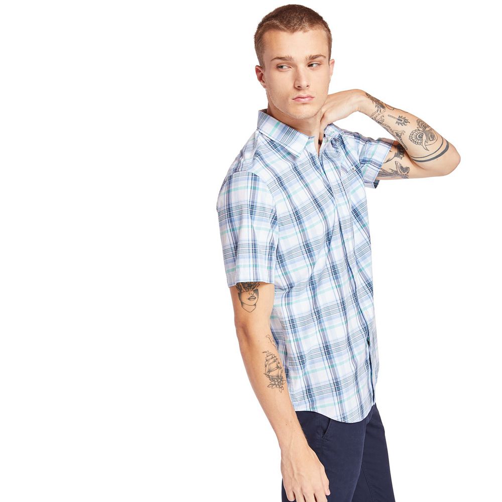 Camasi Timberland Barbati Albastri/Albi - Short-Sleeve Indian River Madras - Romania - KYXDQE371